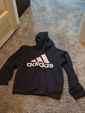 adidas Black Hoodie with Pink Logo and White Text